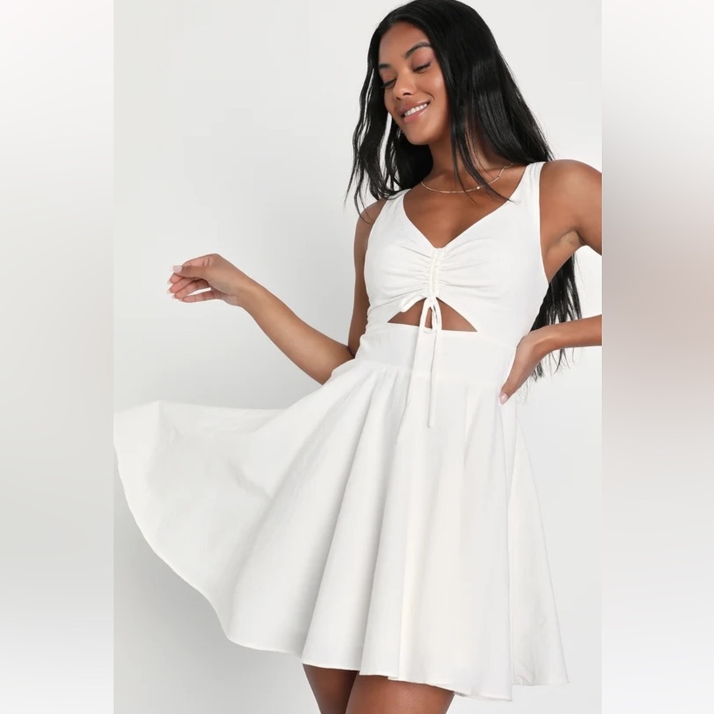 Flirtatious Ideal White Jacquard Cutout Backless Mini Dress